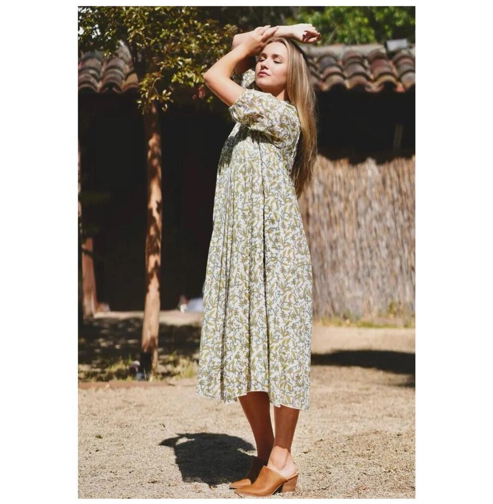 Dolma Skye Dress Hand Block Printed Green Size Large
